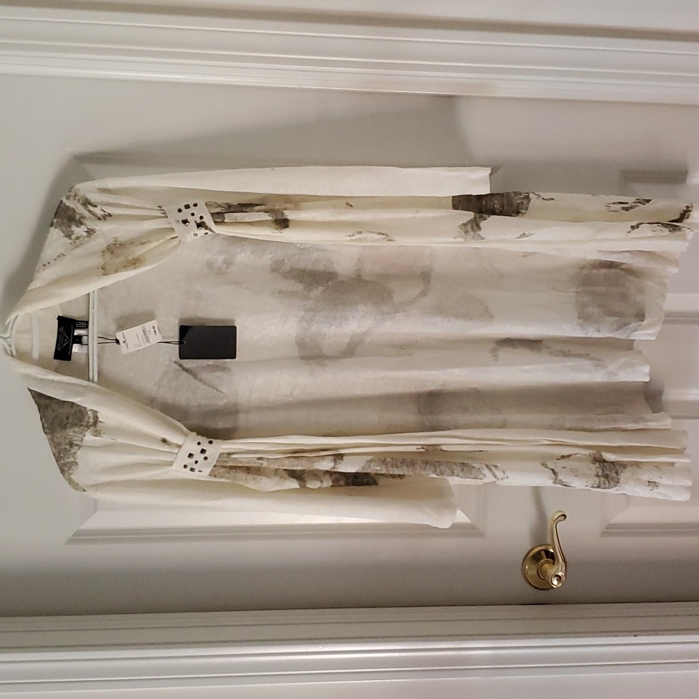 Angel Apparel Linen Ivory Tan Taupe Rhinestone Embellished Cardigan Sweater L